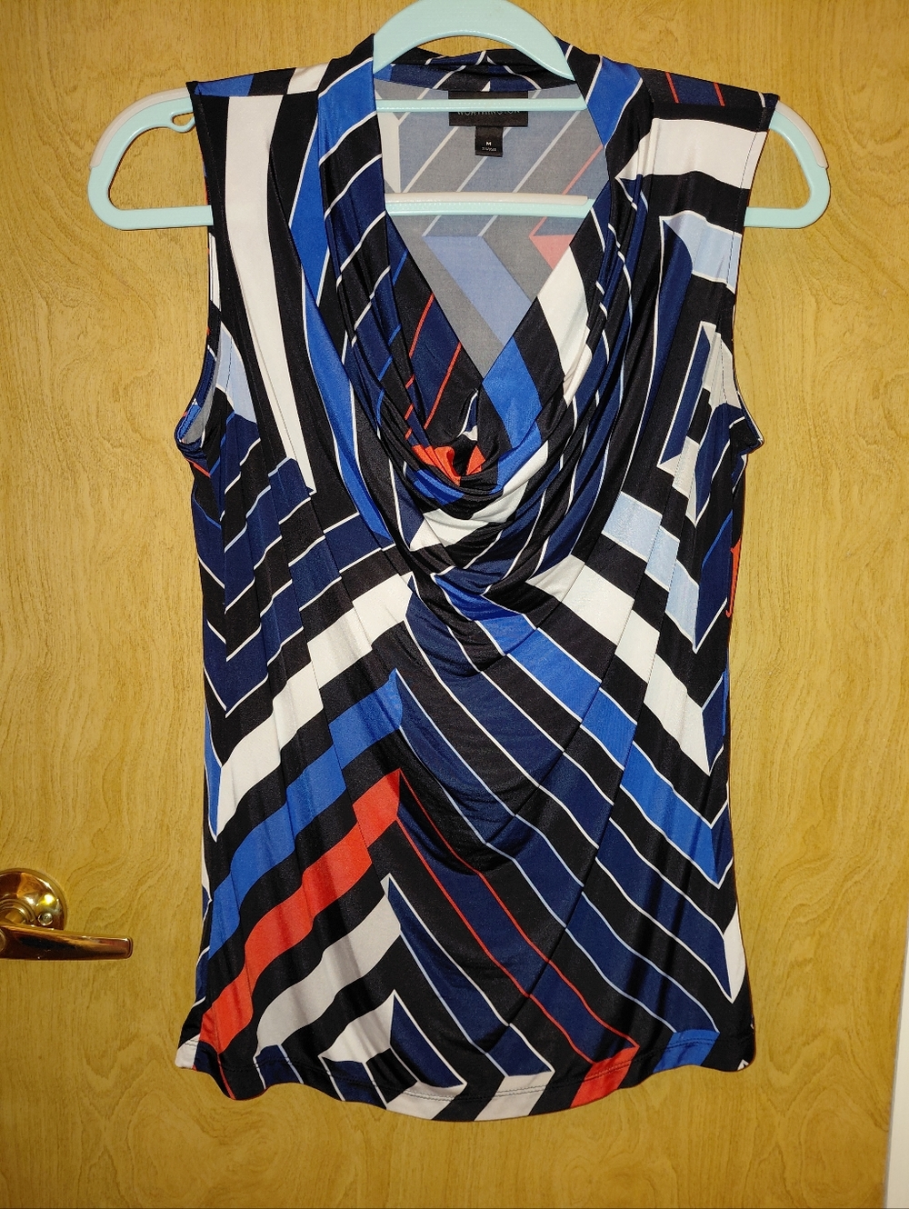 Worthington Striped Cowl Neck Sleeveless Top - Blue/Black/White with Red Accents